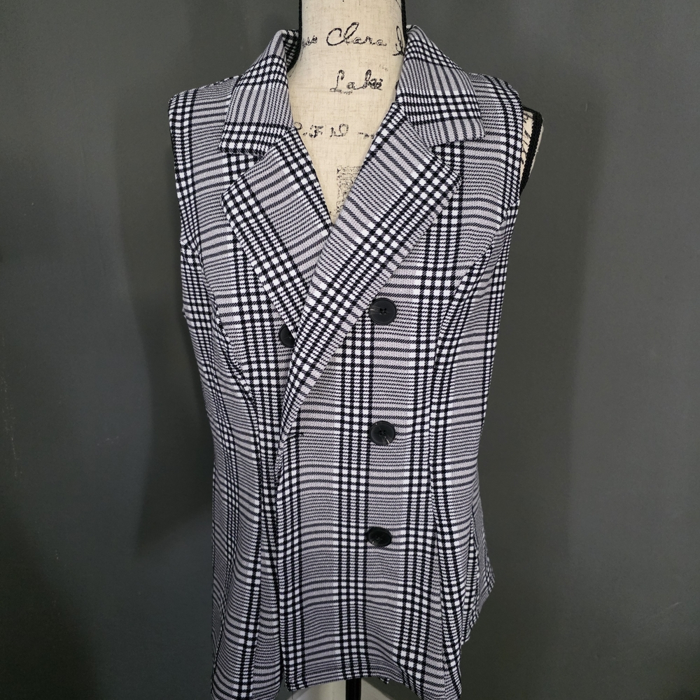Women's Black and White Plaid Double-Breasted Vest